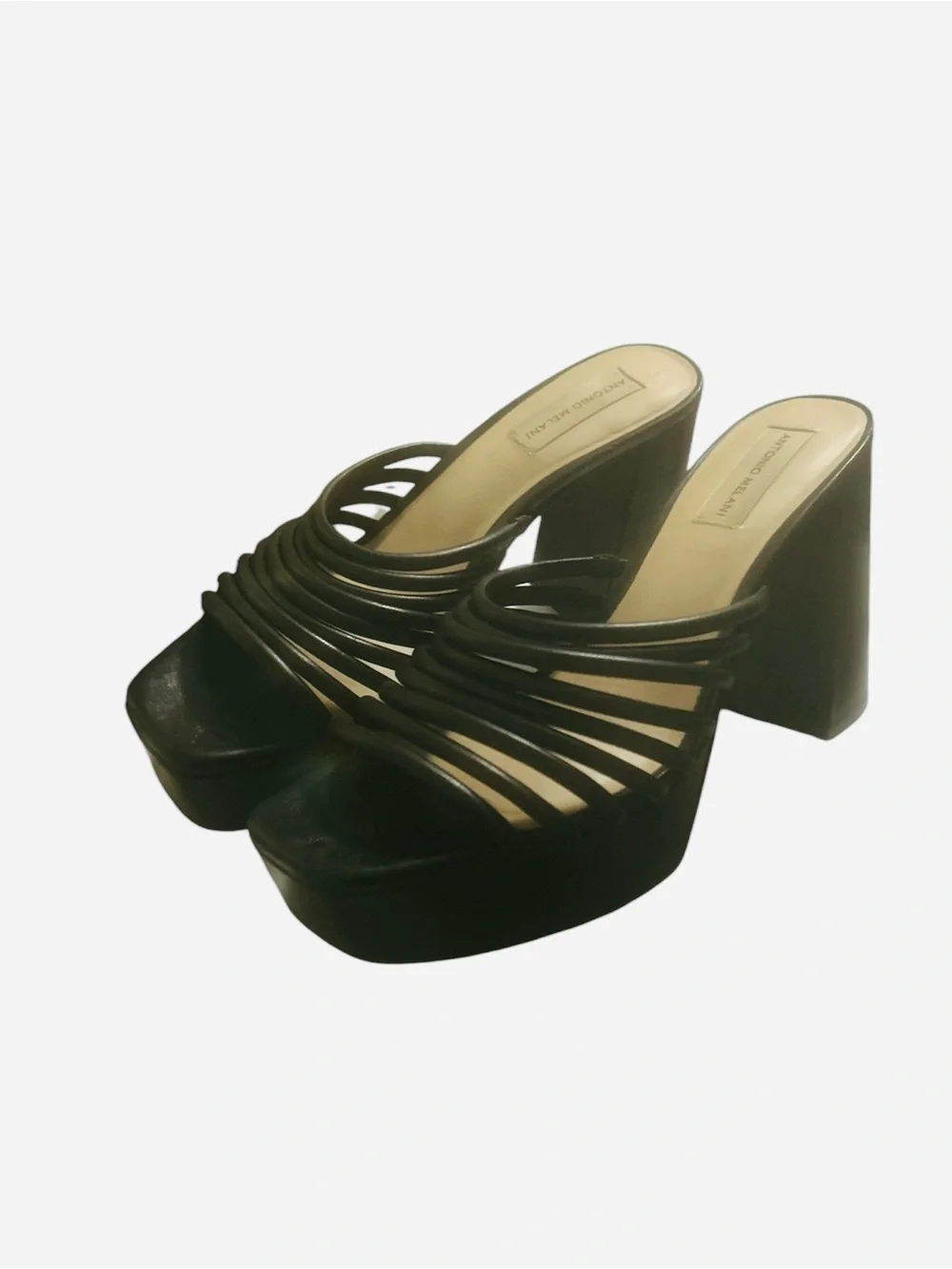 ANTONIO MELANI Bree Tubular Black Leather Multi-Strap Platform Block Heels